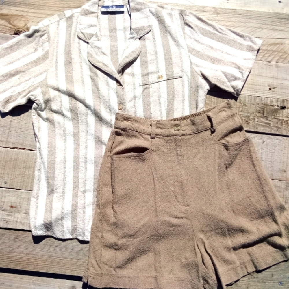 Vintage 100% Silk Shirt and High Waisted Shorts S/M